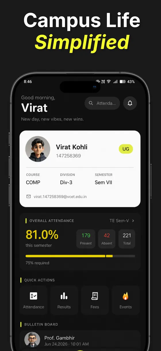 CampusDeets home screen: student profile card, overall attendance with present, absent and total counts, quick actions for attendance, results, fees and events, and the department bulletin board.
