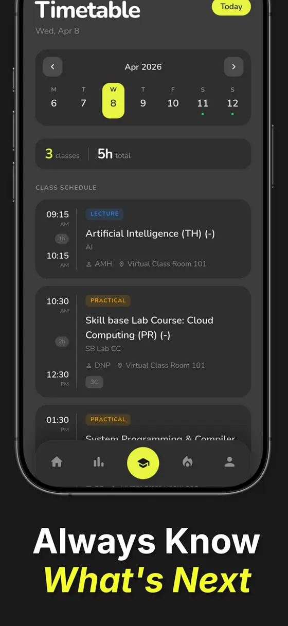 Timetable screen with month calendar, class summary, and lecture and practical blocks showing rooms and faculty.