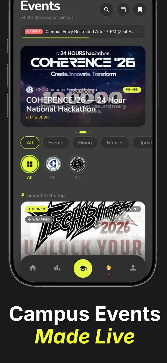 Events screen with an urgent notice banner, a pinned hackathon card, category filters and club feeds.